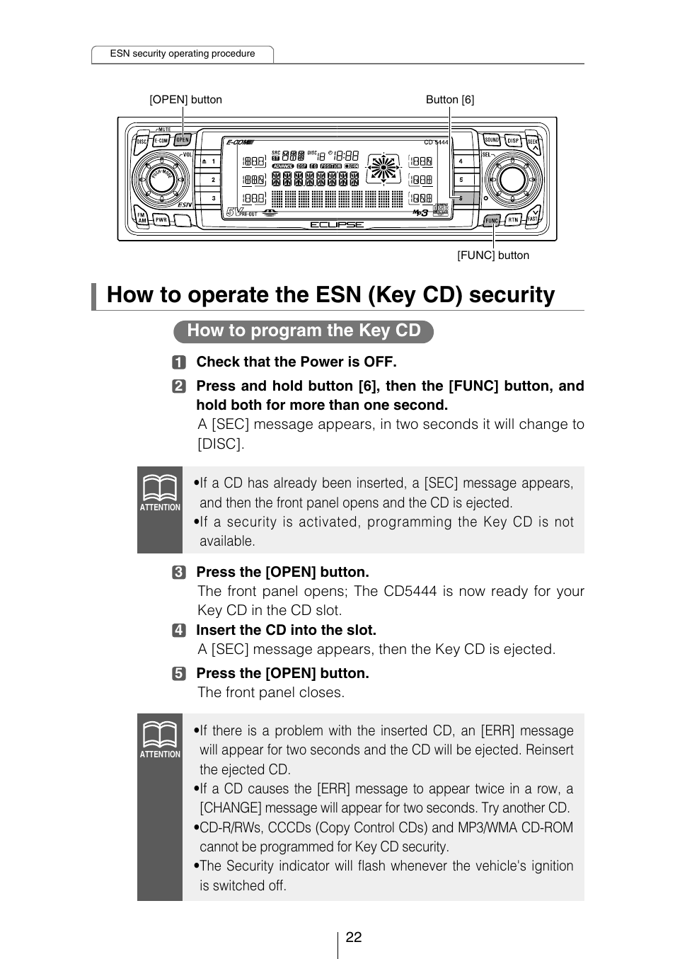 How to operate the esn (key cd) security, How to program the key cd | Eclipse - Fujitsu Ten CD5444 User Manual | Page 22 / 152