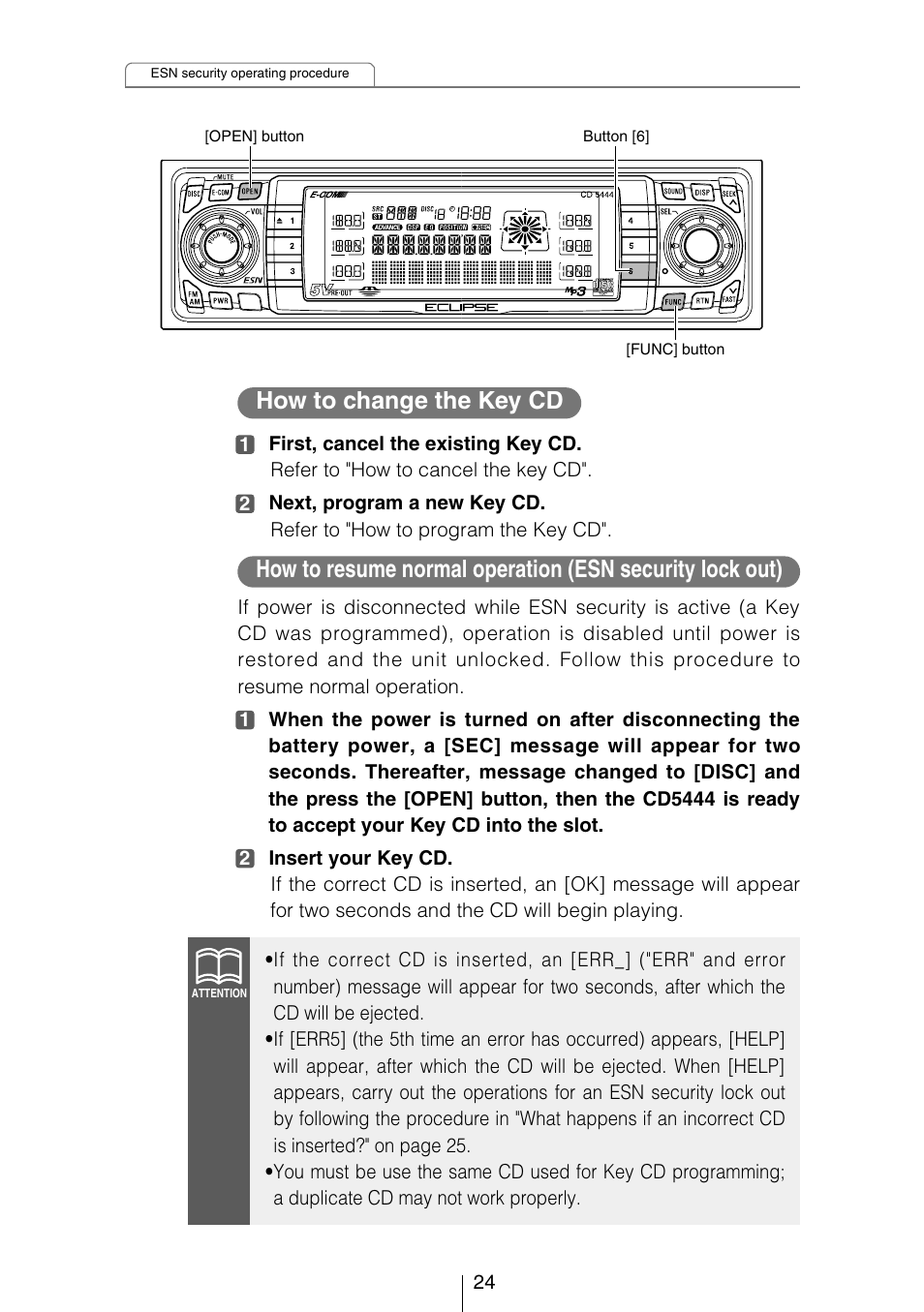 How to change the key cd | Eclipse - Fujitsu Ten CD5444 User Manual | Page 24 / 152