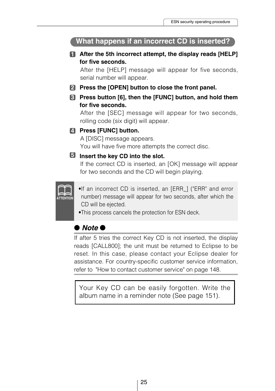 What happens if an incorrect cd is inserted | Eclipse - Fujitsu Ten CD5444 User Manual | Page 25 / 152