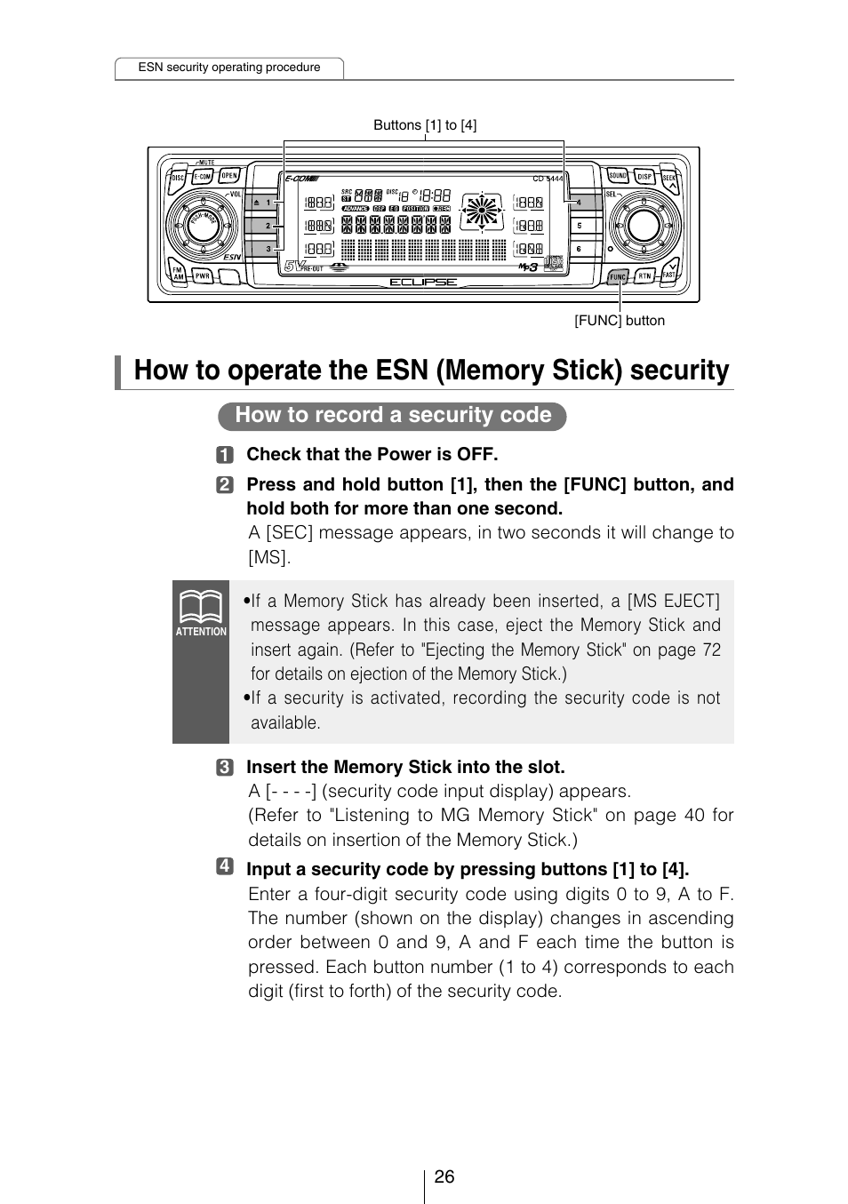 How to record a security code | Eclipse - Fujitsu Ten CD5444 User Manual | Page 26 / 152