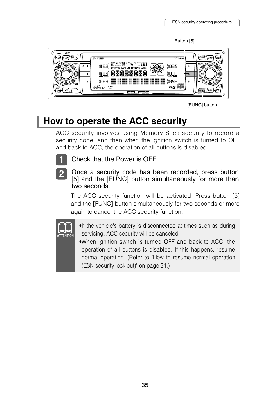 How to operate the acc security | Eclipse - Fujitsu Ten CD5444 User Manual | Page 35 / 152