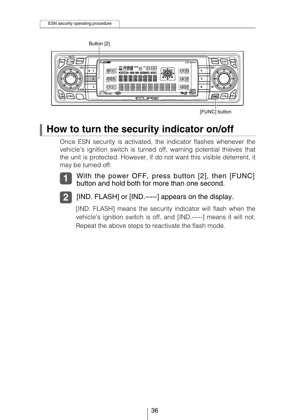 How to turn the security indicator on/off | Eclipse - Fujitsu Ten CD5444 User Manual | Page 36 / 152