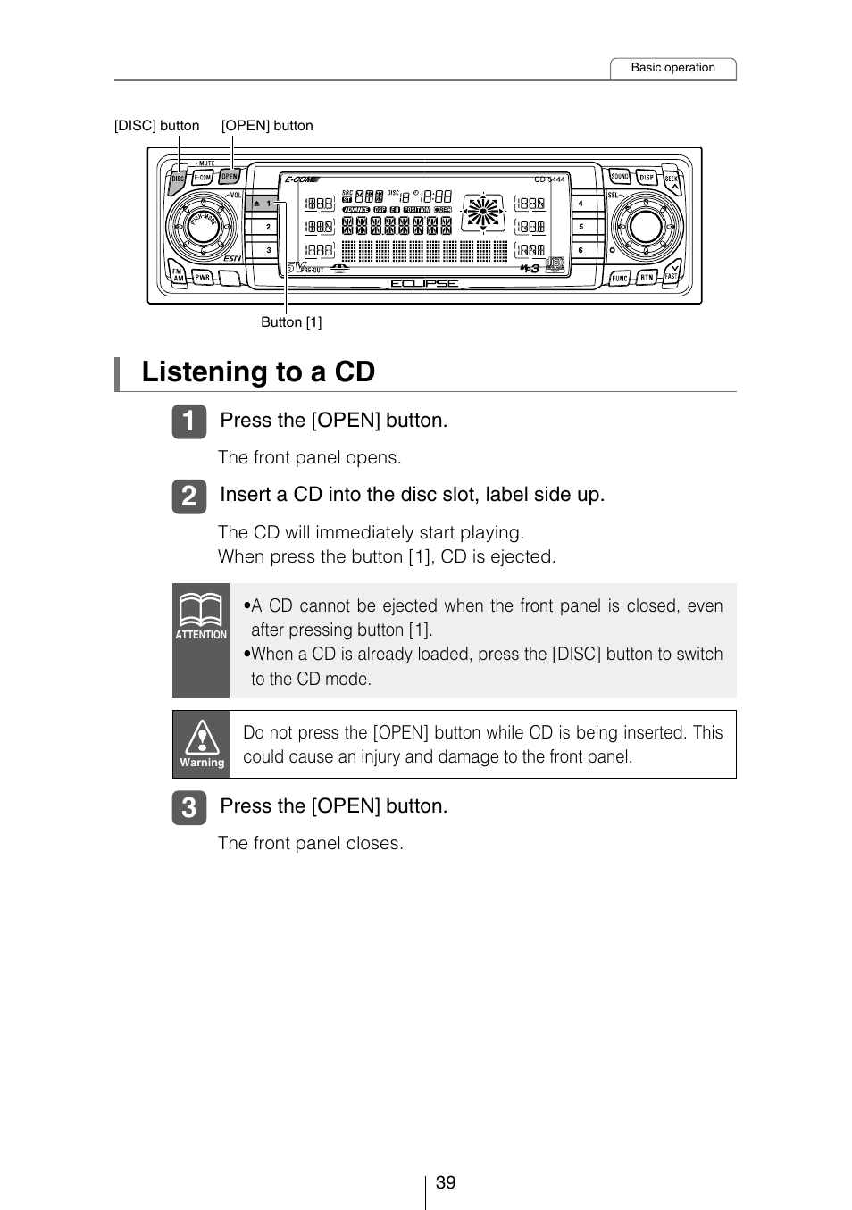 Listening to a cd | Eclipse - Fujitsu Ten CD5444 User Manual | Page 39 / 152