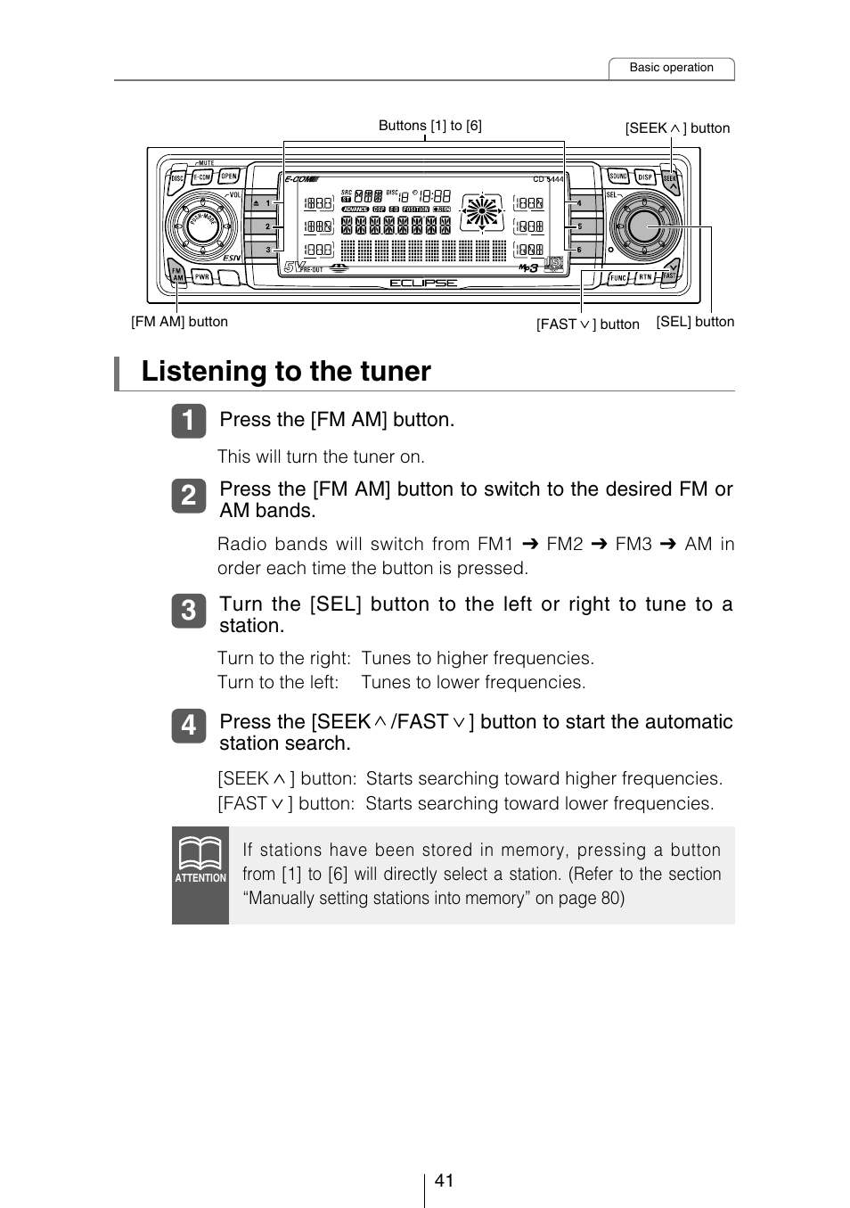 Listening to the tuner | Eclipse - Fujitsu Ten CD5444 User Manual | Page 41 / 152