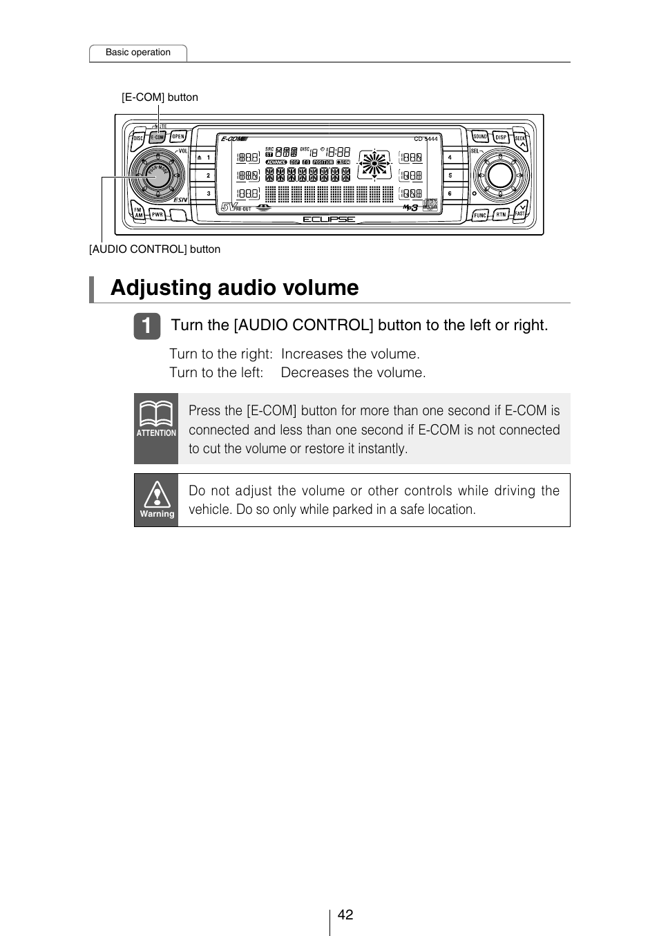 Adjusting audio volume | Eclipse - Fujitsu Ten CD5444 User Manual | Page 42 / 152