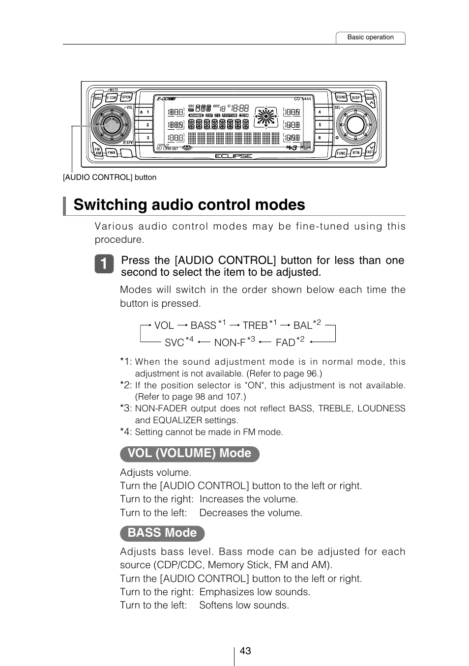 Switching audio control modes, Vol (volume) mode, Bass mode | Eclipse - Fujitsu Ten CD5444 User Manual | Page 43 / 152