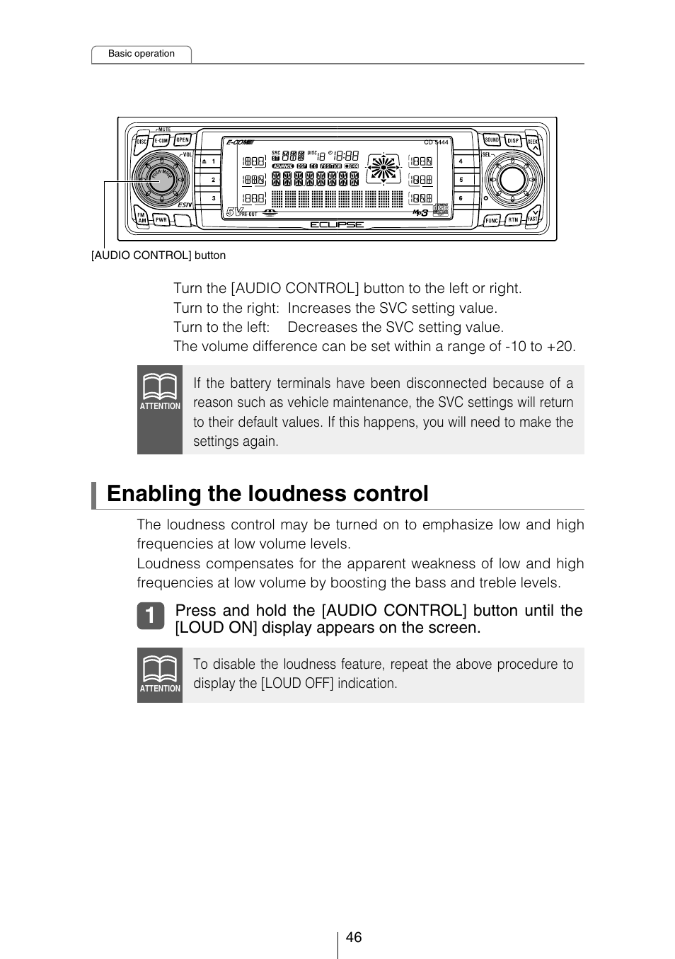 Enabling the loudness control | Eclipse - Fujitsu Ten CD5444 User Manual | Page 46 / 152