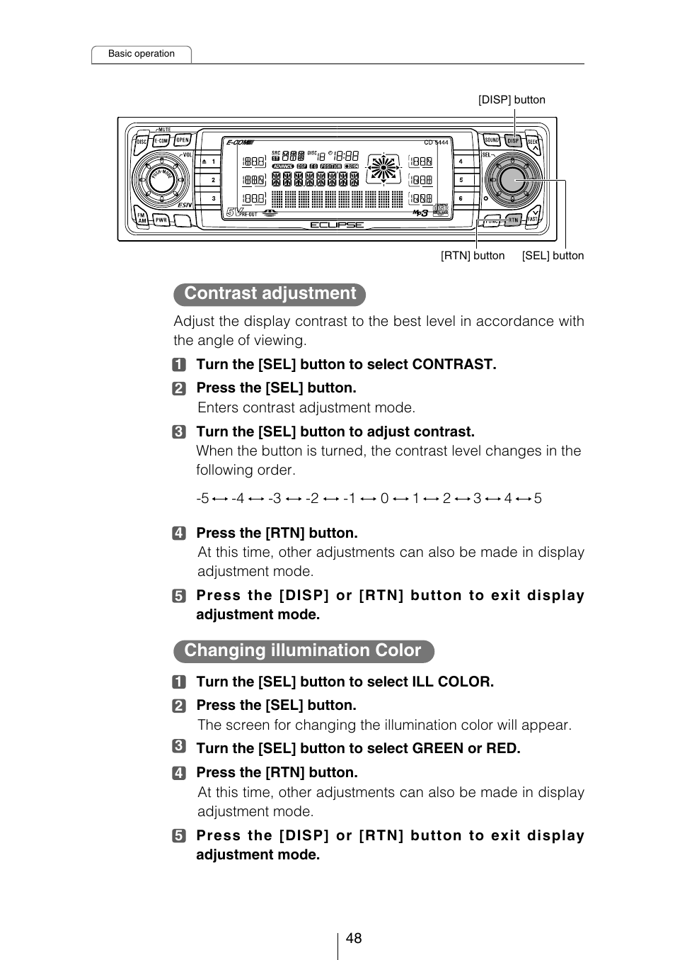 Contrast adjustment, Changing illumination color | Eclipse - Fujitsu Ten CD5444 User Manual | Page 48 / 152