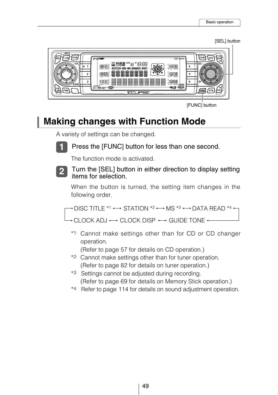 Making changes with function mode | Eclipse - Fujitsu Ten CD5444 User Manual | Page 49 / 152