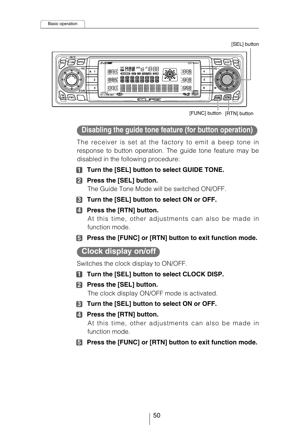 Clock display on/off | Eclipse - Fujitsu Ten CD5444 User Manual | Page 50 / 152