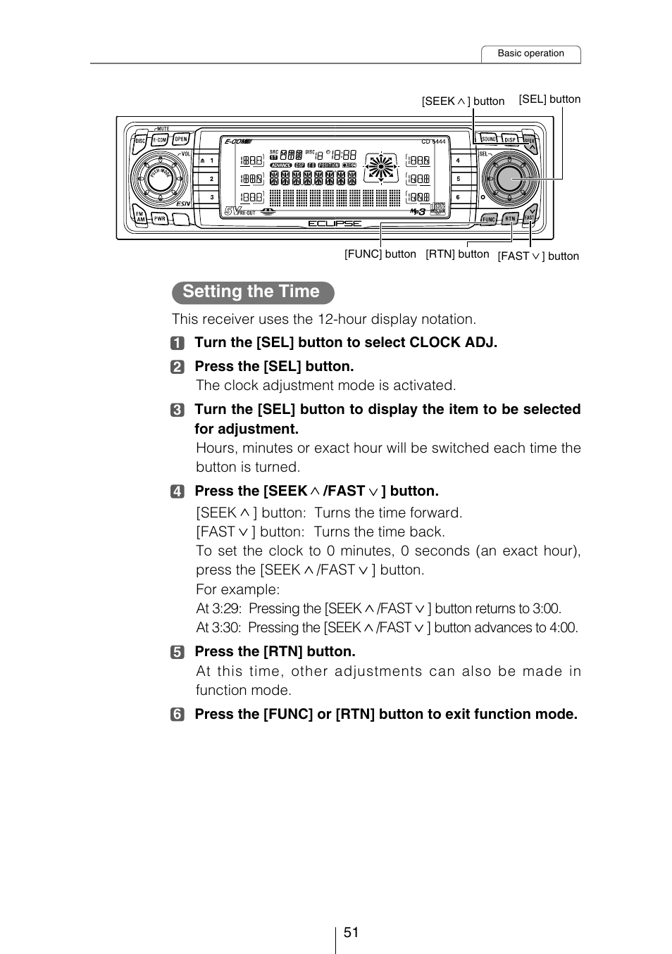 Setting the time | Eclipse - Fujitsu Ten CD5444 User Manual | Page 51 / 152