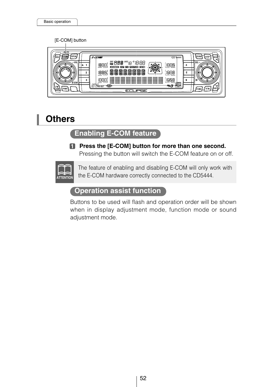 Others, Enabling e-com feature, Operation assist function | Eclipse - Fujitsu Ten CD5444 User Manual | Page 52 / 152