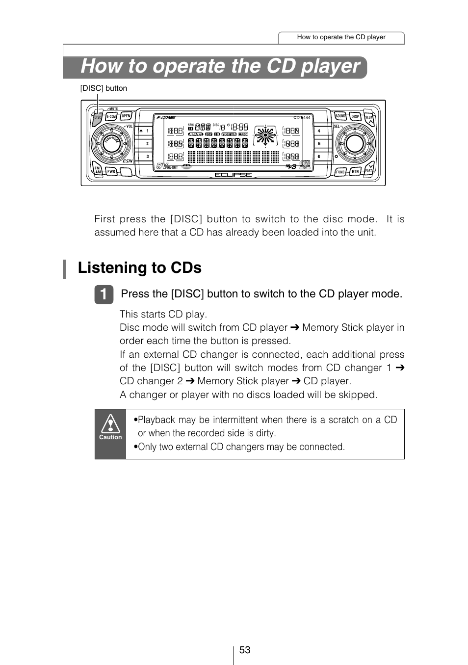 How to operate the cd player, Listening to cds | Eclipse - Fujitsu Ten CD5444 User Manual | Page 53 / 152