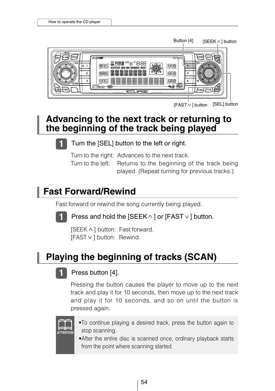 Playing the beginning of tracks (scan), Fast forward/rewind | Eclipse - Fujitsu Ten CD5444 User Manual | Page 54 / 152