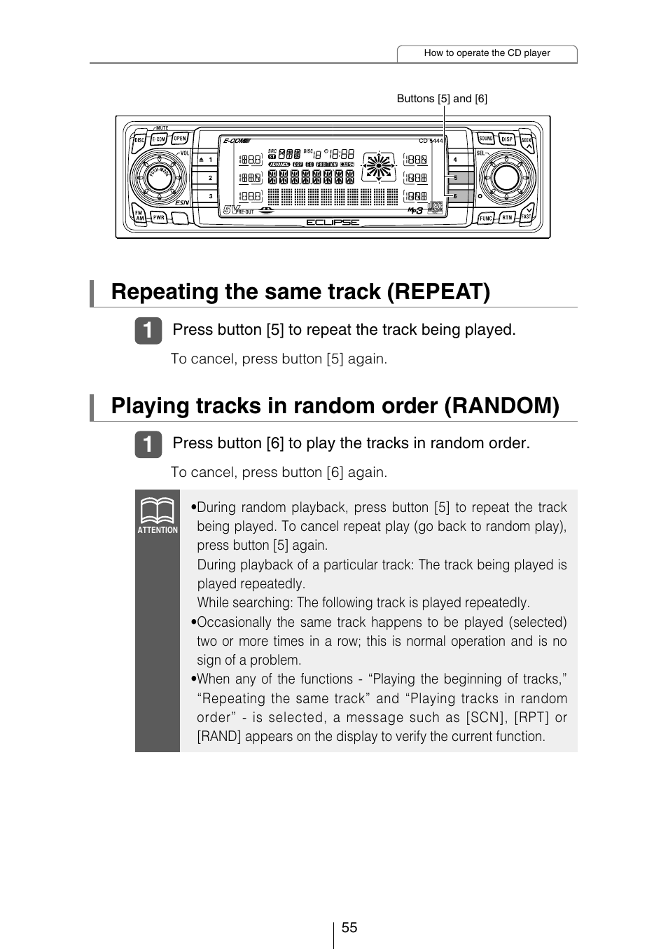 Repeating the same track (repeat), Playing tracks in random order (random) | Eclipse - Fujitsu Ten CD5444 User Manual | Page 55 / 152