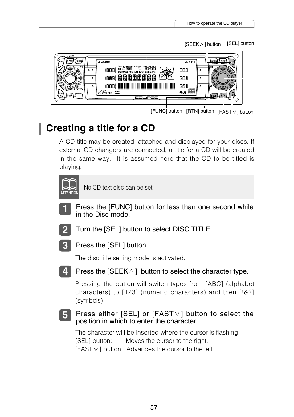 Creating a title for a cd | Eclipse - Fujitsu Ten CD5444 User Manual | Page 57 / 152