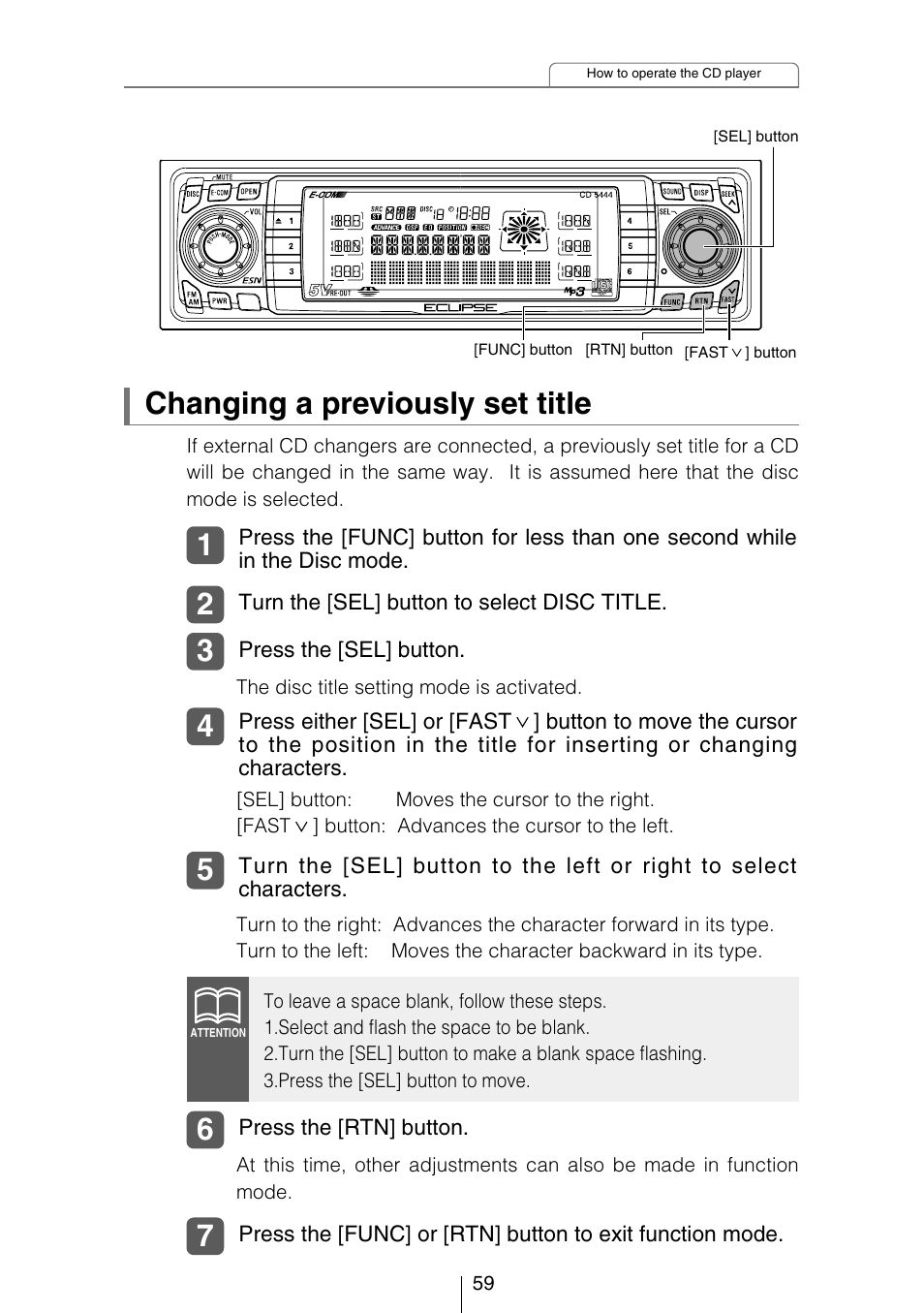 Changing a previously set title | Eclipse - Fujitsu Ten CD5444 User Manual | Page 59 / 152