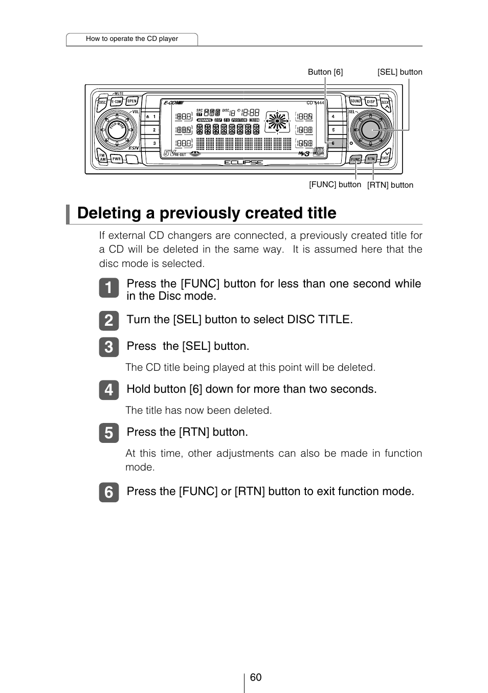 Deleting a previously created title | Eclipse - Fujitsu Ten CD5444 User Manual | Page 60 / 152