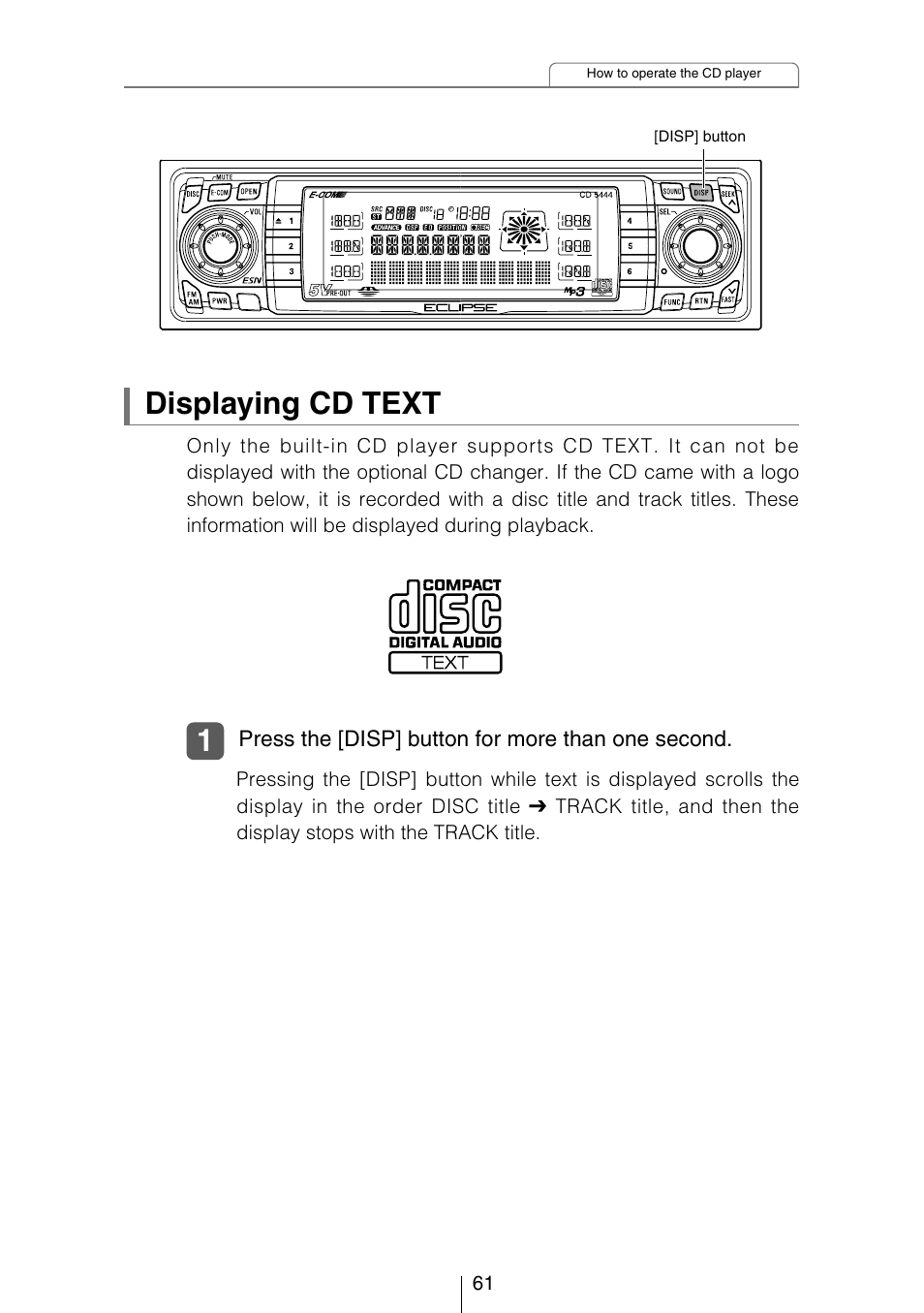 Displaying cd text | Eclipse - Fujitsu Ten CD5444 User Manual | Page 61 / 152