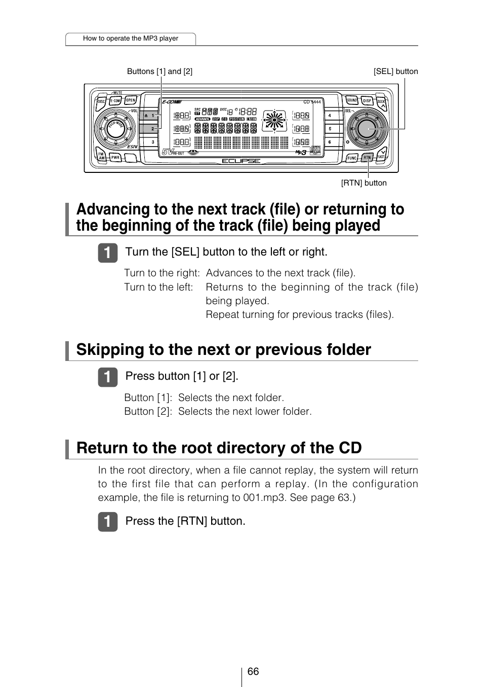 Skipping to the next or previous folder, Return to the root directory of the cd | Eclipse - Fujitsu Ten CD5444 User Manual | Page 66 / 152