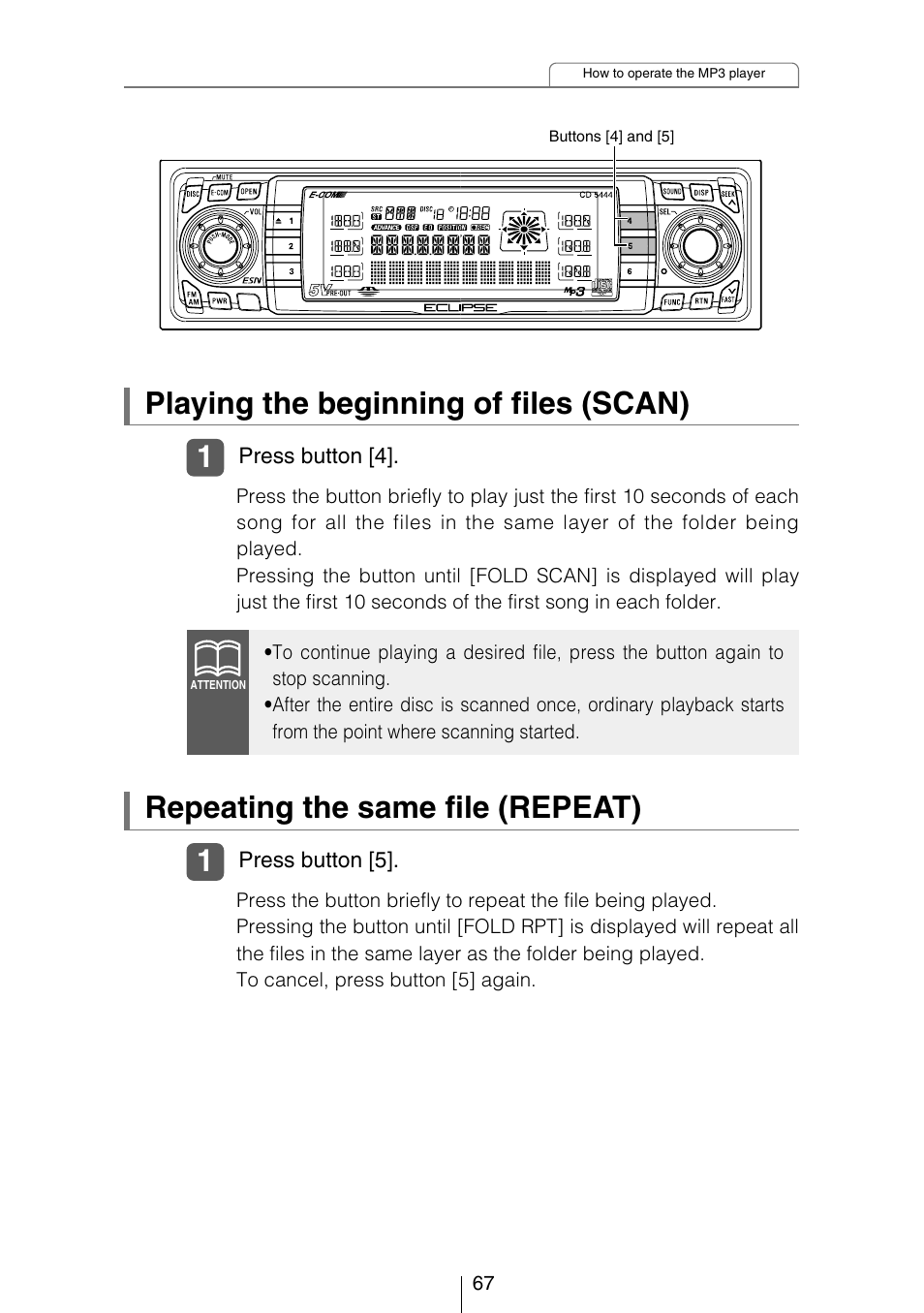 Playing the beginning of files (scan), Repeating the same file (repeat) | Eclipse - Fujitsu Ten CD5444 User Manual | Page 67 / 152