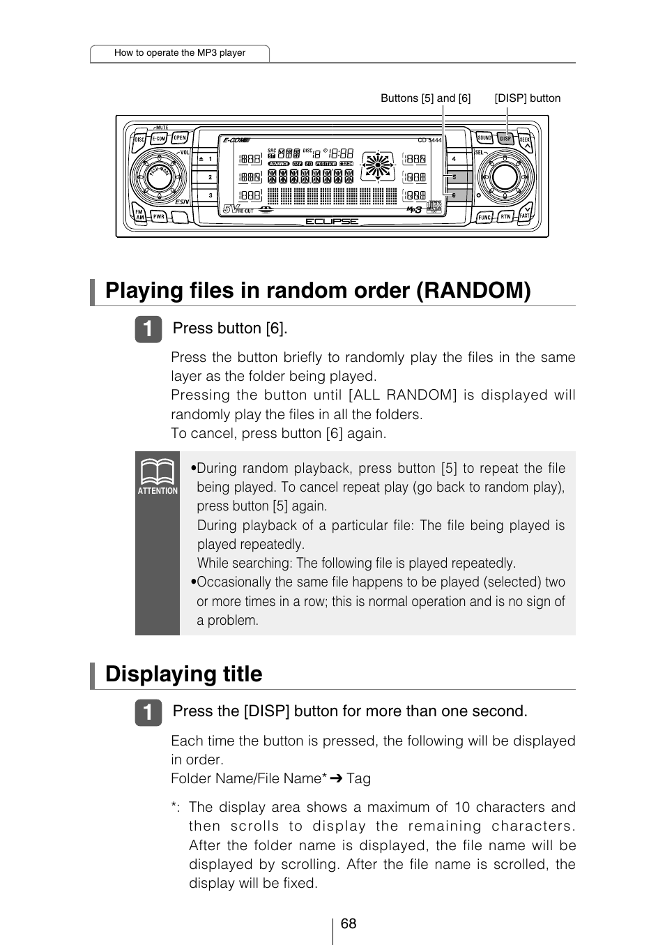 Playing files in random order (random), Displaying title | Eclipse - Fujitsu Ten CD5444 User Manual | Page 68 / 152