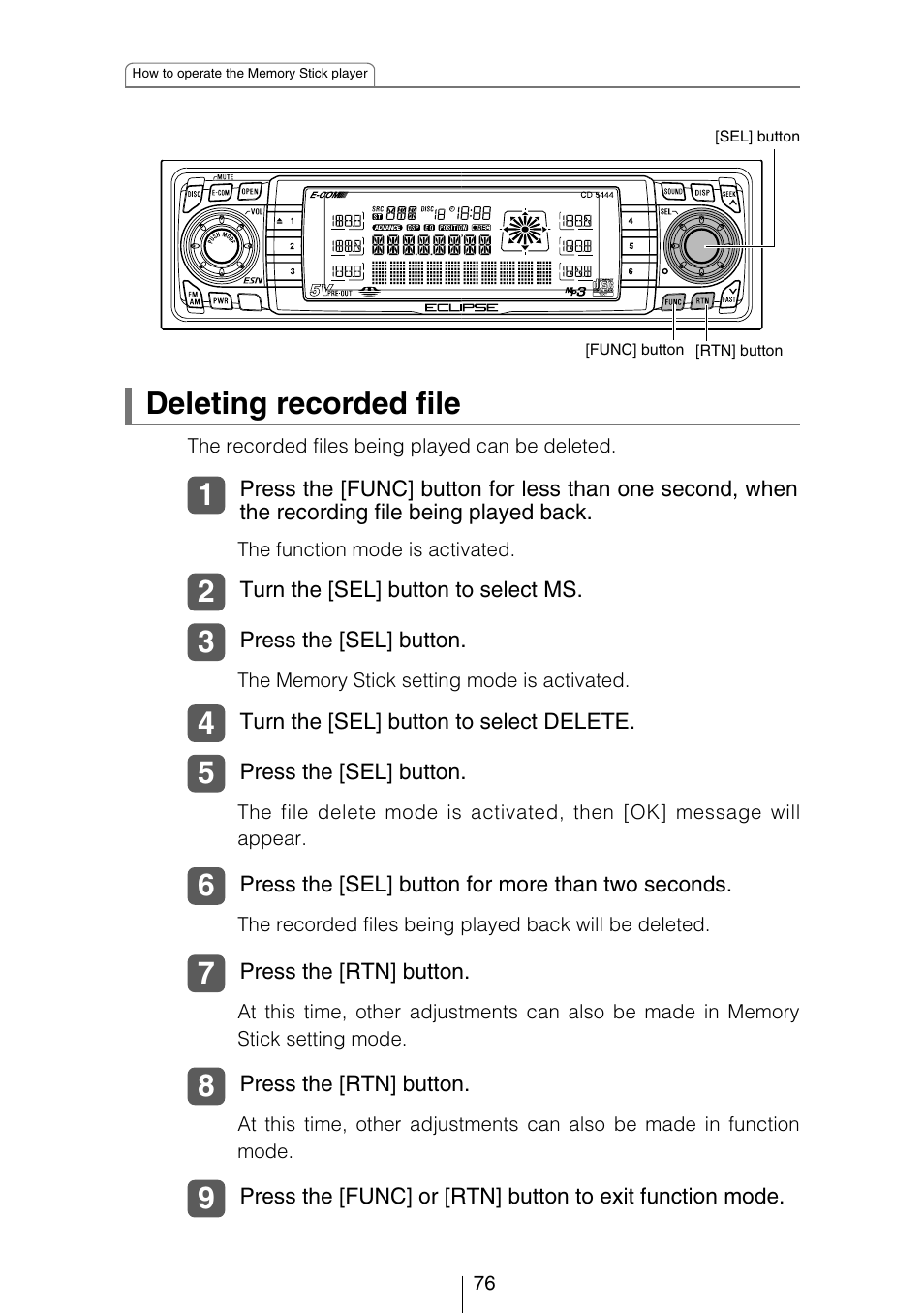 Deleting recorded file | Eclipse - Fujitsu Ten CD5444 User Manual | Page 76 / 152