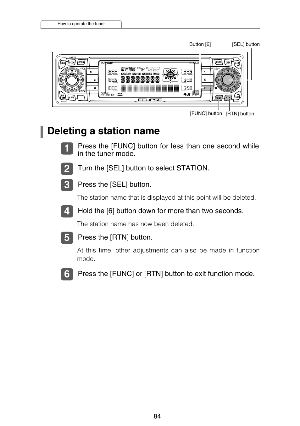 Deleting a station name | Eclipse - Fujitsu Ten CD5444 User Manual | Page 84 / 152