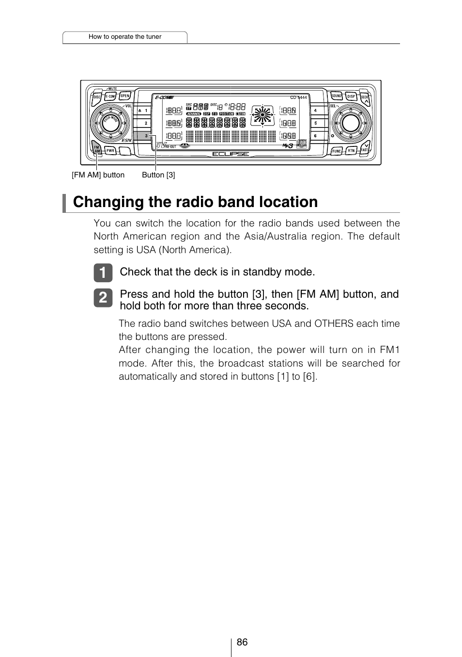 Changing the radio band location | Eclipse - Fujitsu Ten CD5444 User Manual | Page 86 / 152