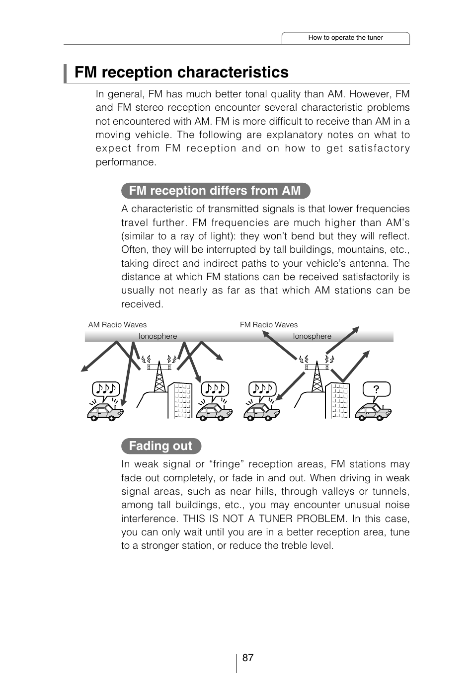 Fm reception characteristics, Fm reception differs from am fading out | Eclipse - Fujitsu Ten CD5444 User Manual | Page 87 / 152