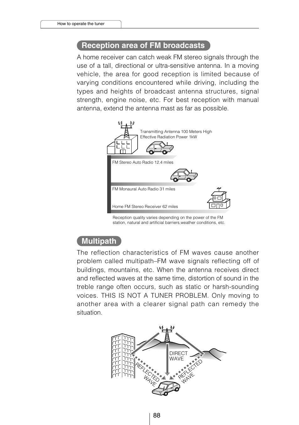 Reception area of fm broadcasts, Multipath | Eclipse - Fujitsu Ten CD5444 User Manual | Page 88 / 152