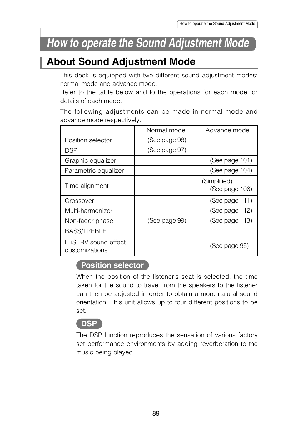 How to operate the sound adjustment mode, About sound adjustment mode, Position selector | Eclipse - Fujitsu Ten CD5444 User Manual | Page 89 / 152