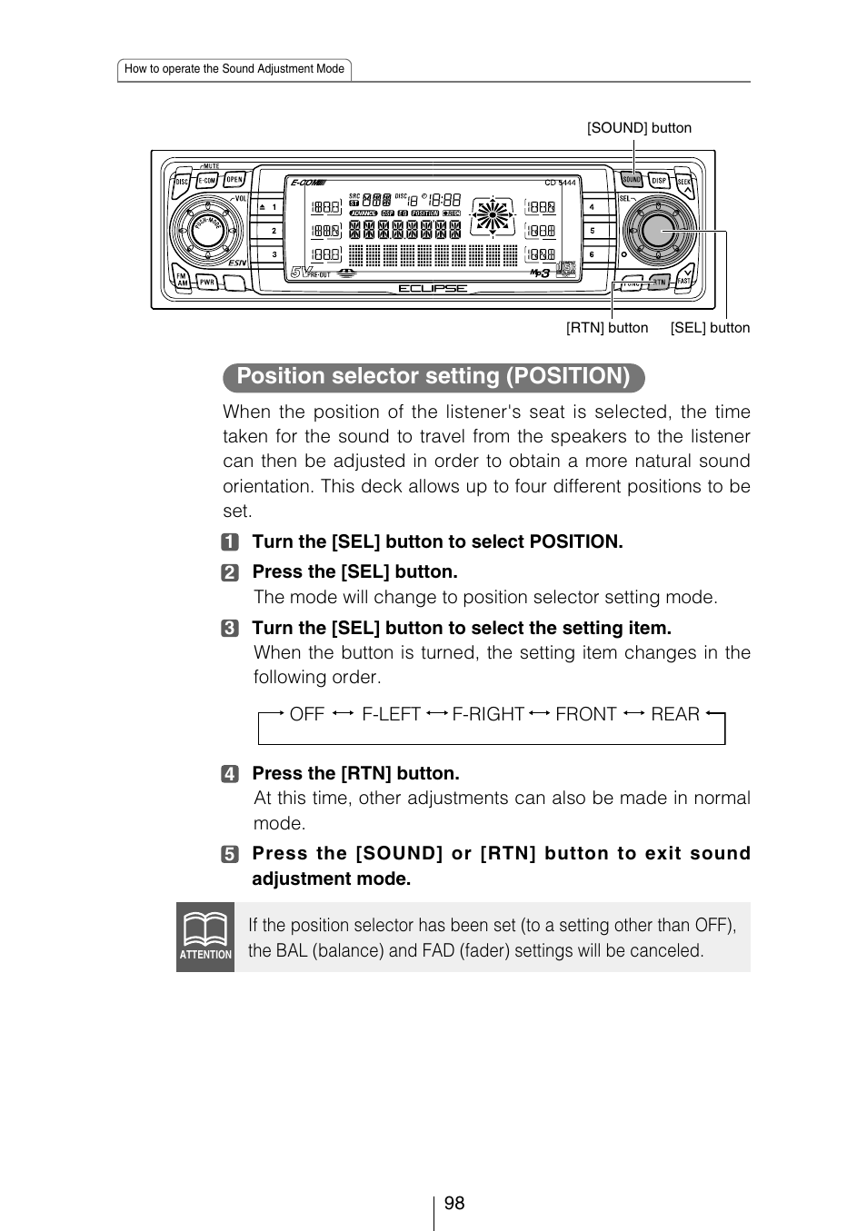 Position selector setting (position) | Eclipse - Fujitsu Ten CD5444 User Manual | Page 98 / 152