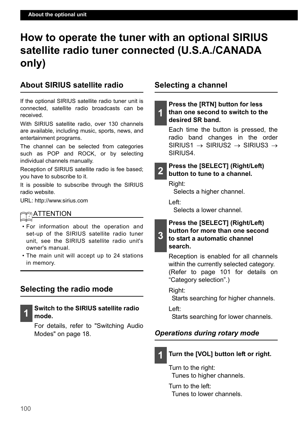 About sirius satellite radio, Selecting the radio mode, Selecting a channel | Operations during rotary mode | Eclipse - Fujitsu Ten CD7200 MKII User Manual | Page 100 / 119