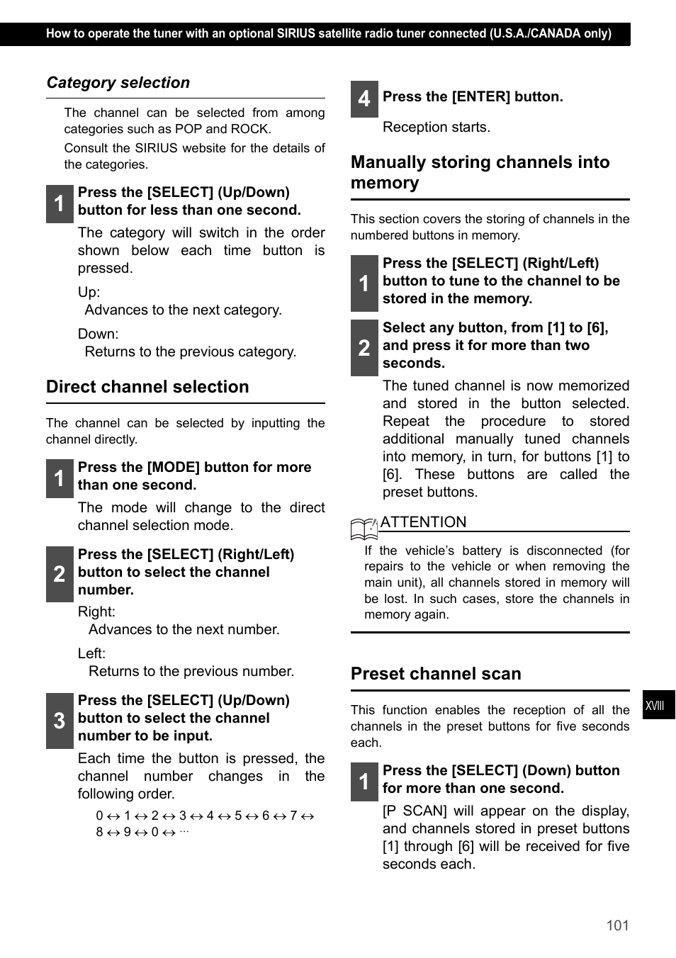 Category selection, Direct channel selection, Manually storing channels into memory | Preset channel scan | Eclipse - Fujitsu Ten CD7200 MKII User Manual | Page 101 / 119