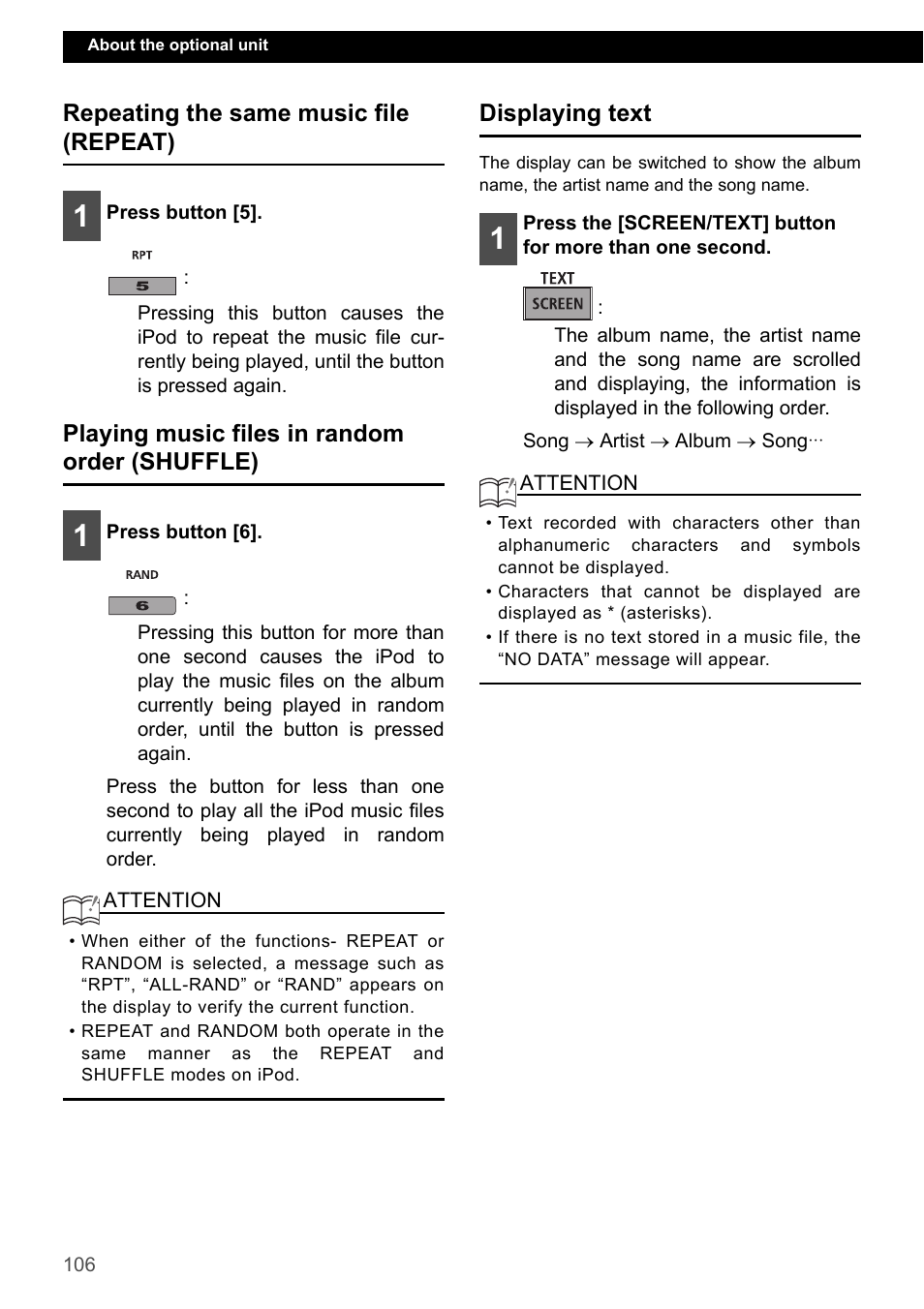 Repeating the same music file (repeat), Playing music files in random order (shuffle), Displaying text | Eclipse - Fujitsu Ten CD7200 MKII User Manual | Page 106 / 119