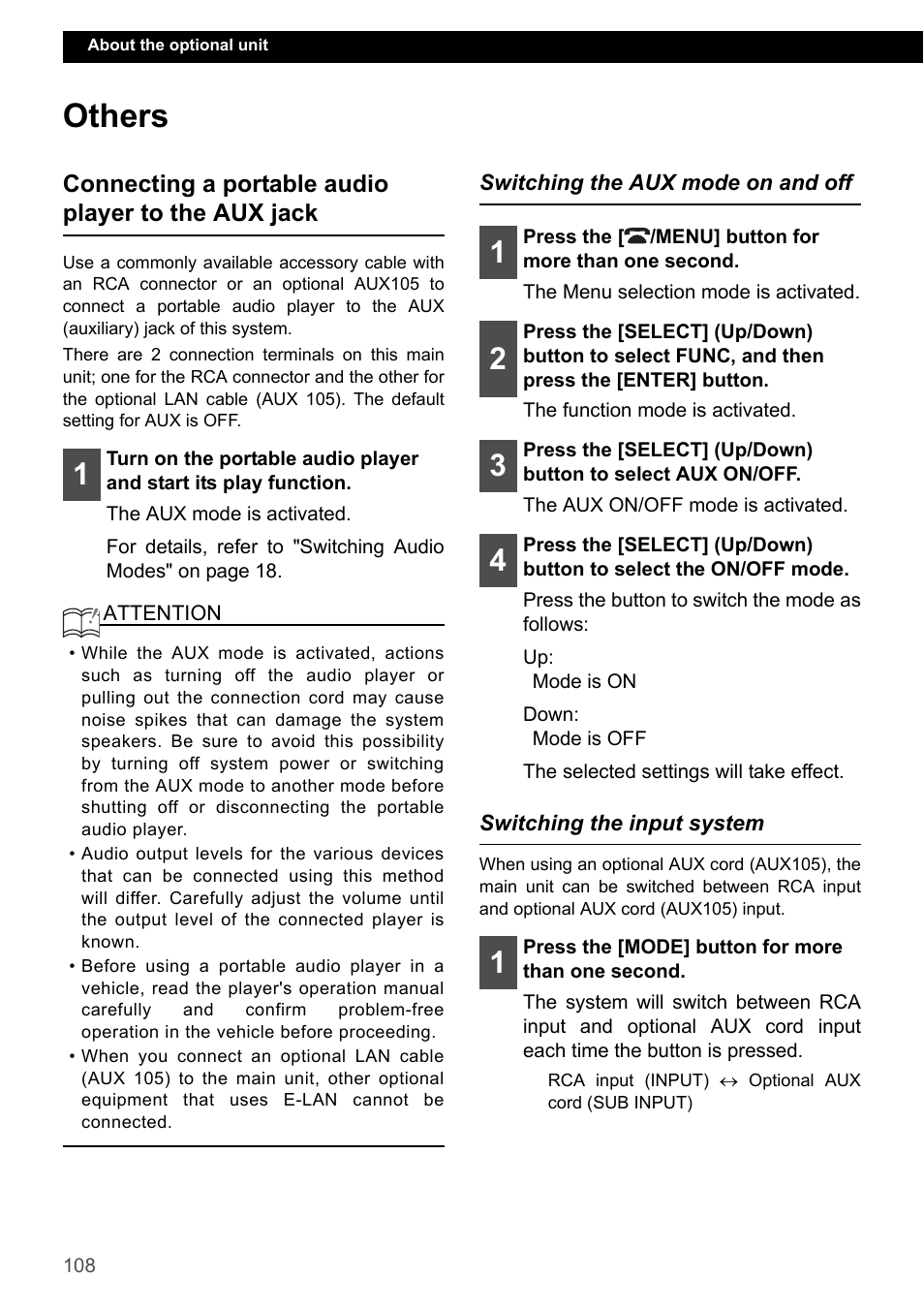 Others, Connecting a portable audio player to the aux jack, Switching the aux mode on and off | Switching the input system | Eclipse - Fujitsu Ten CD7200 MKII User Manual | Page 108 / 119