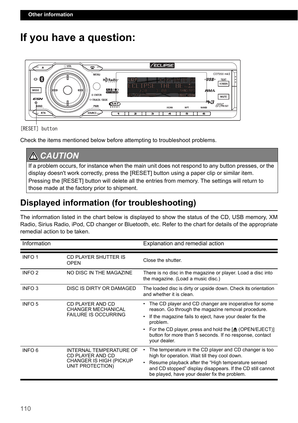 If you have a question, Displayed information (for troubleshooting), Caution 1 2 | Eclipse - Fujitsu Ten CD7200 MKII User Manual | Page 110 / 119