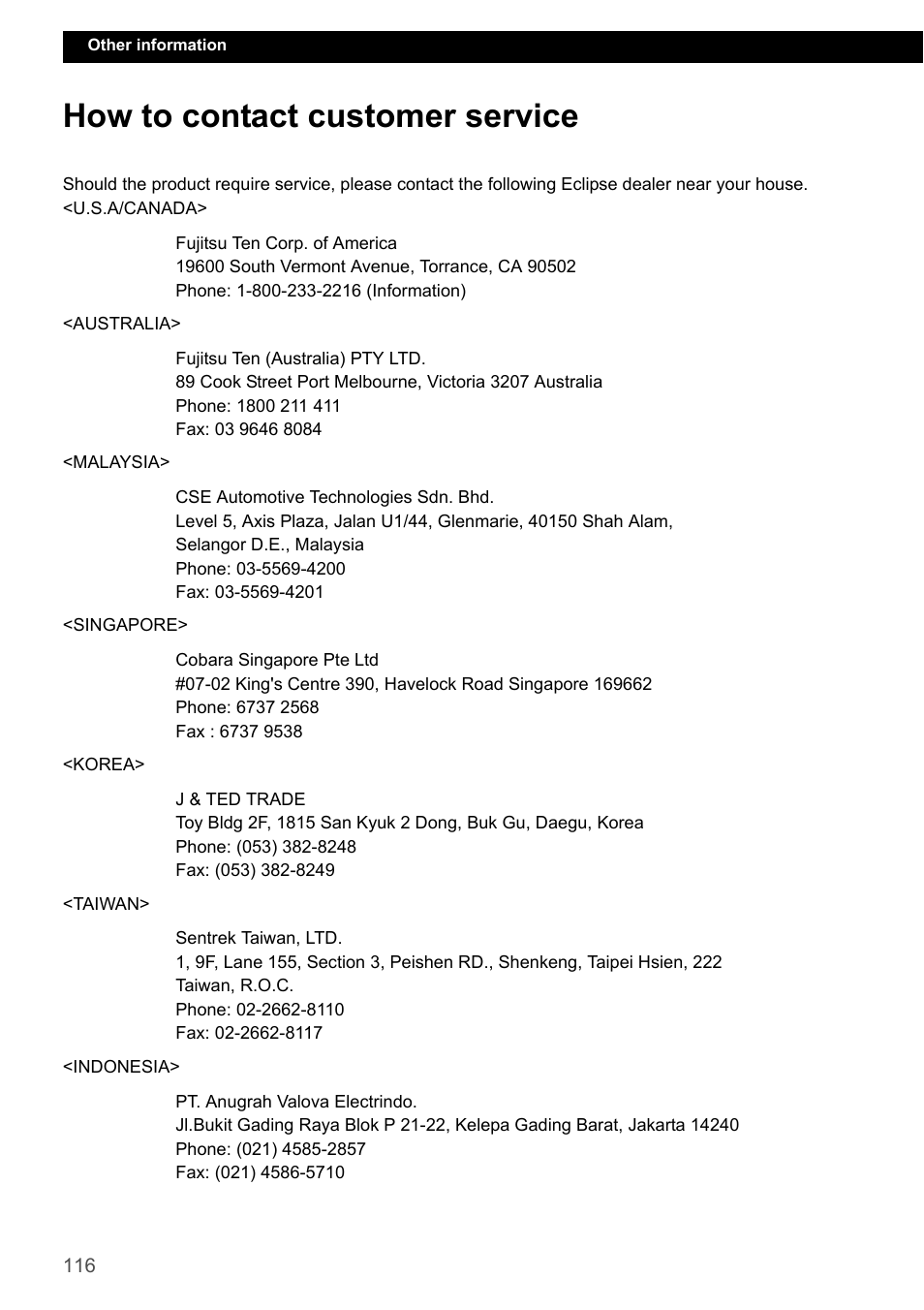 How to contact customer service | Eclipse - Fujitsu Ten CD7200 MKII User Manual | Page 116 / 119
