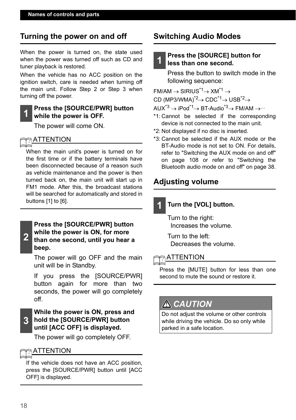 Turning the power on and off, Switching audio modes, Adjusting volume | Caution 1 2 | Eclipse - Fujitsu Ten CD7200 MKII User Manual | Page 18 / 119