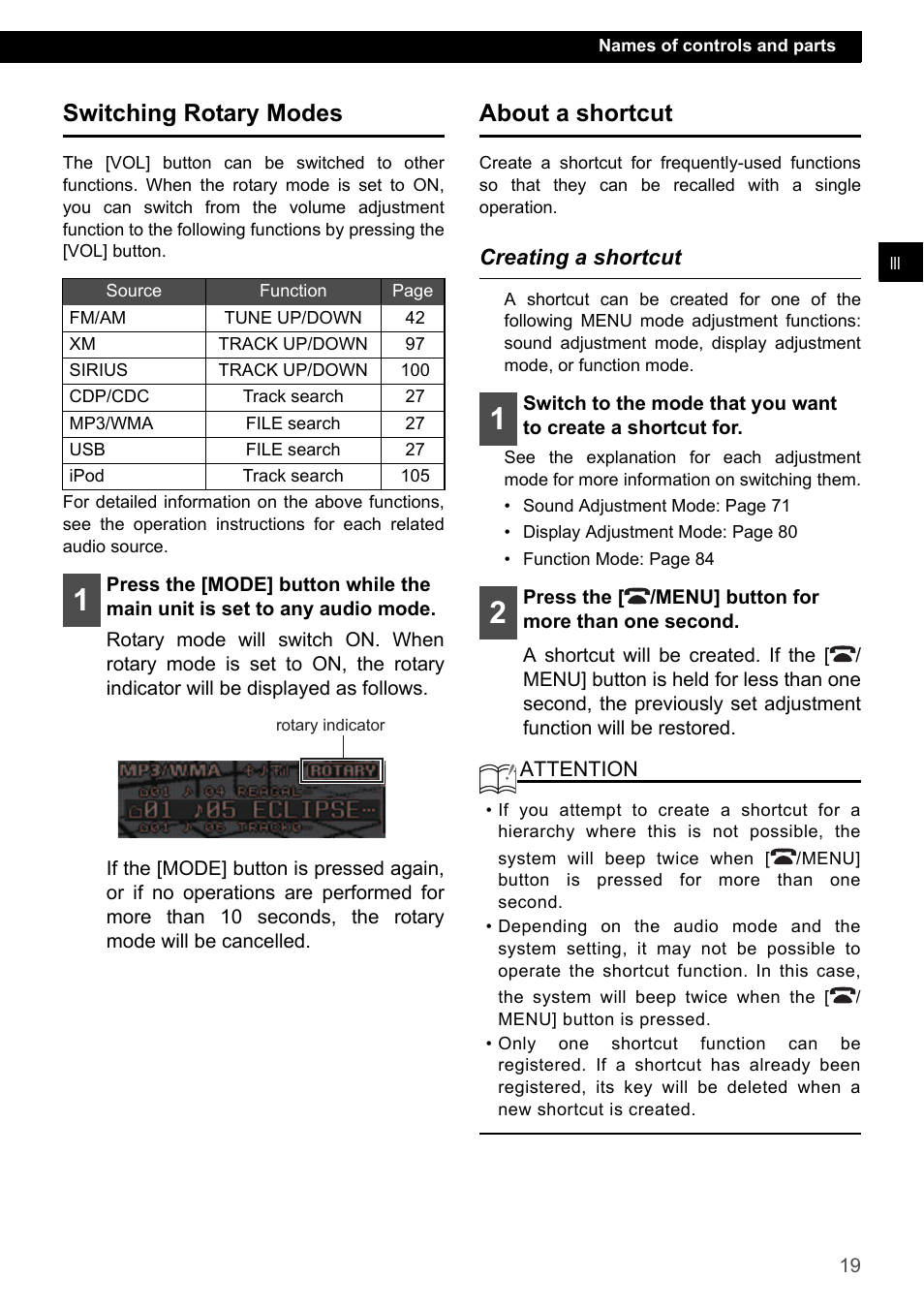 Switching rotary modes, About a shortcut, Creating a shortcut | Switching rotary modes about a shortcut | Eclipse - Fujitsu Ten CD7200 MKII User Manual | Page 19 / 119