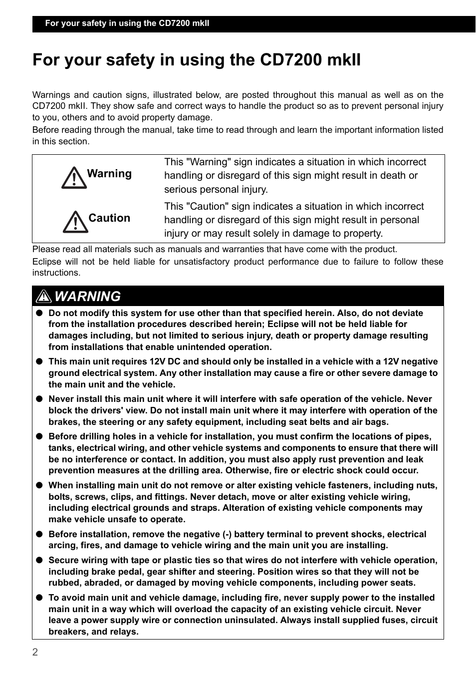 For your safety in using the cd7200 mkii, Warning 1 2 | Eclipse - Fujitsu Ten CD7200 MKII User Manual | Page 2 / 119