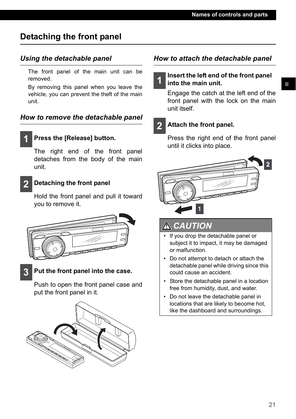 Detaching the front panel, Using the detachable panel, How to remove the detachable panel | How to attach the detachable panel, Caution 1 2 | Eclipse - Fujitsu Ten CD7200 MKII User Manual | Page 21 / 119