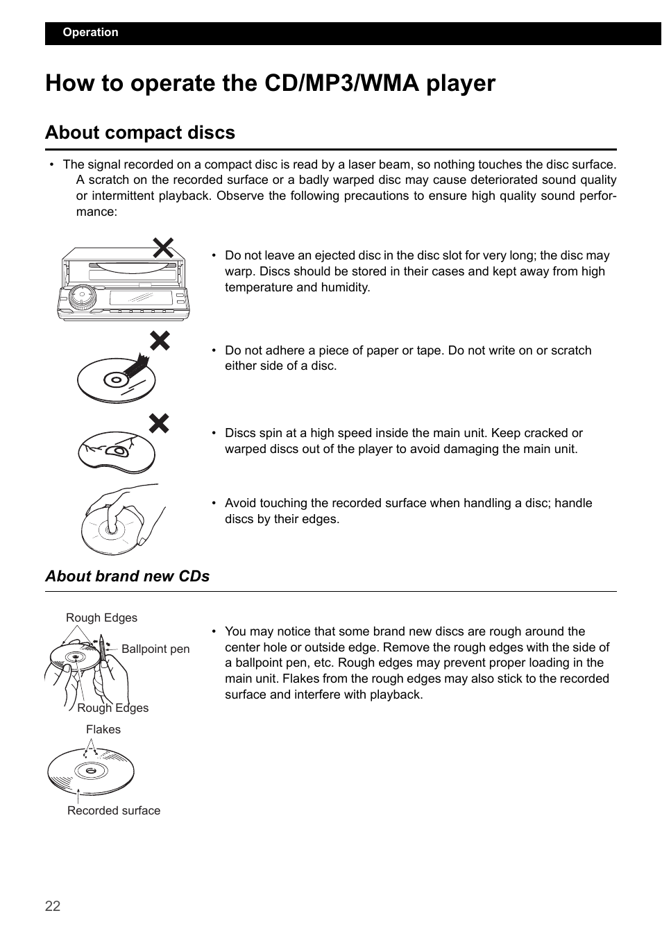 How to operate the cd/mp3/wma player, About compact discs, About brand new cds | Eclipse - Fujitsu Ten CD7200 MKII User Manual | Page 22 / 119