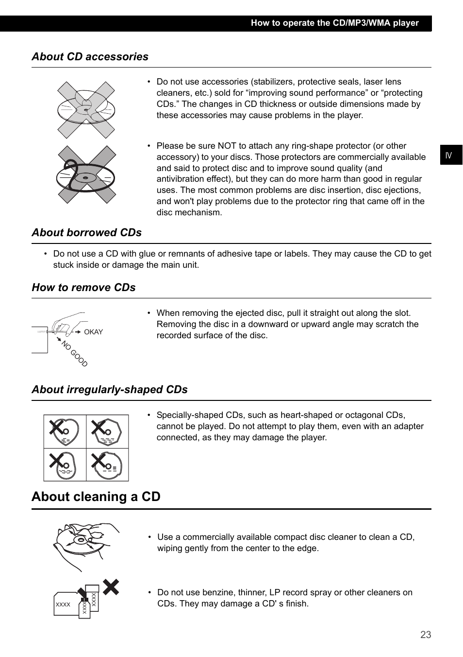 About cd accessories, About borrowed cds, How to remove cds | About irregularly-shaped cds, About cleaning a cd, About cd accessories about borrowed cds, How to remove cds about irregularly-shaped cds | Eclipse - Fujitsu Ten CD7200 MKII User Manual | Page 23 / 119