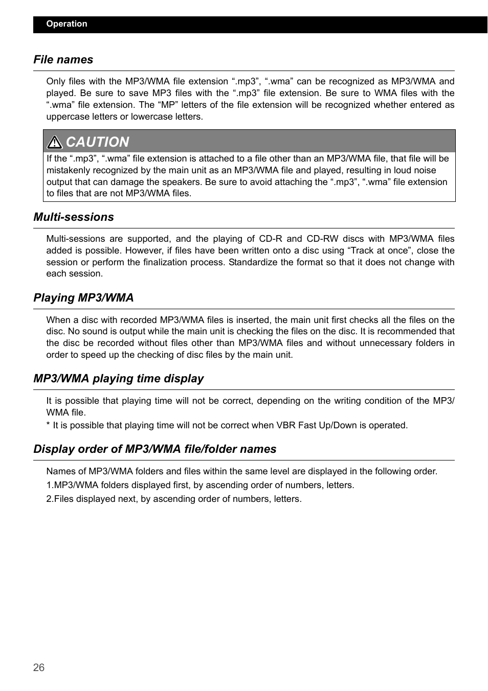 File names, Multi-sessions, Playing mp3/wma | Mp3/wma playing time display, Display order of mp3/wma file/folder names, Caution 1 2 | Eclipse - Fujitsu Ten CD7200 MKII User Manual | Page 26 / 119