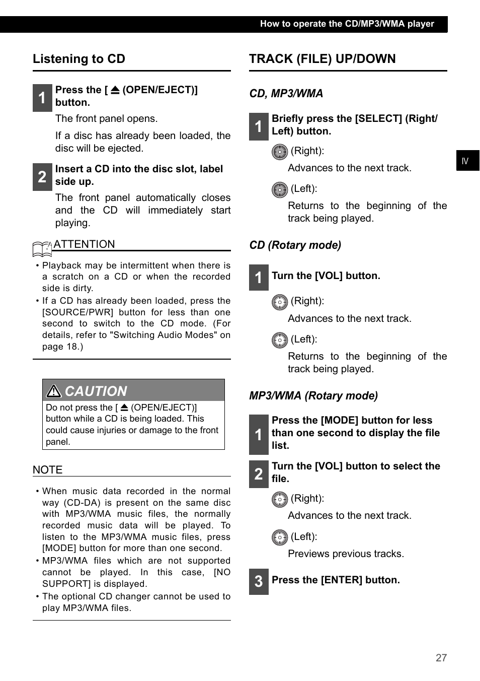 Listening to cd, Track (file) up/down, Listening to cd track (file) up/down | Caution 1 2 | Eclipse - Fujitsu Ten CD7200 MKII User Manual | Page 27 / 119