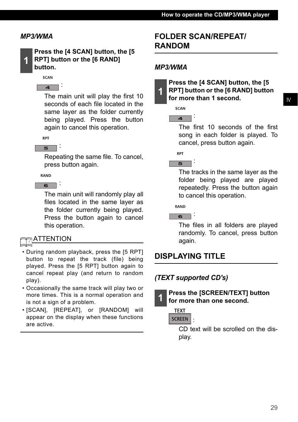 Folder scan/repeat/ random, Displaying title, Folder scan/repeat/random displaying title | Eclipse - Fujitsu Ten CD7200 MKII User Manual | Page 29 / 119