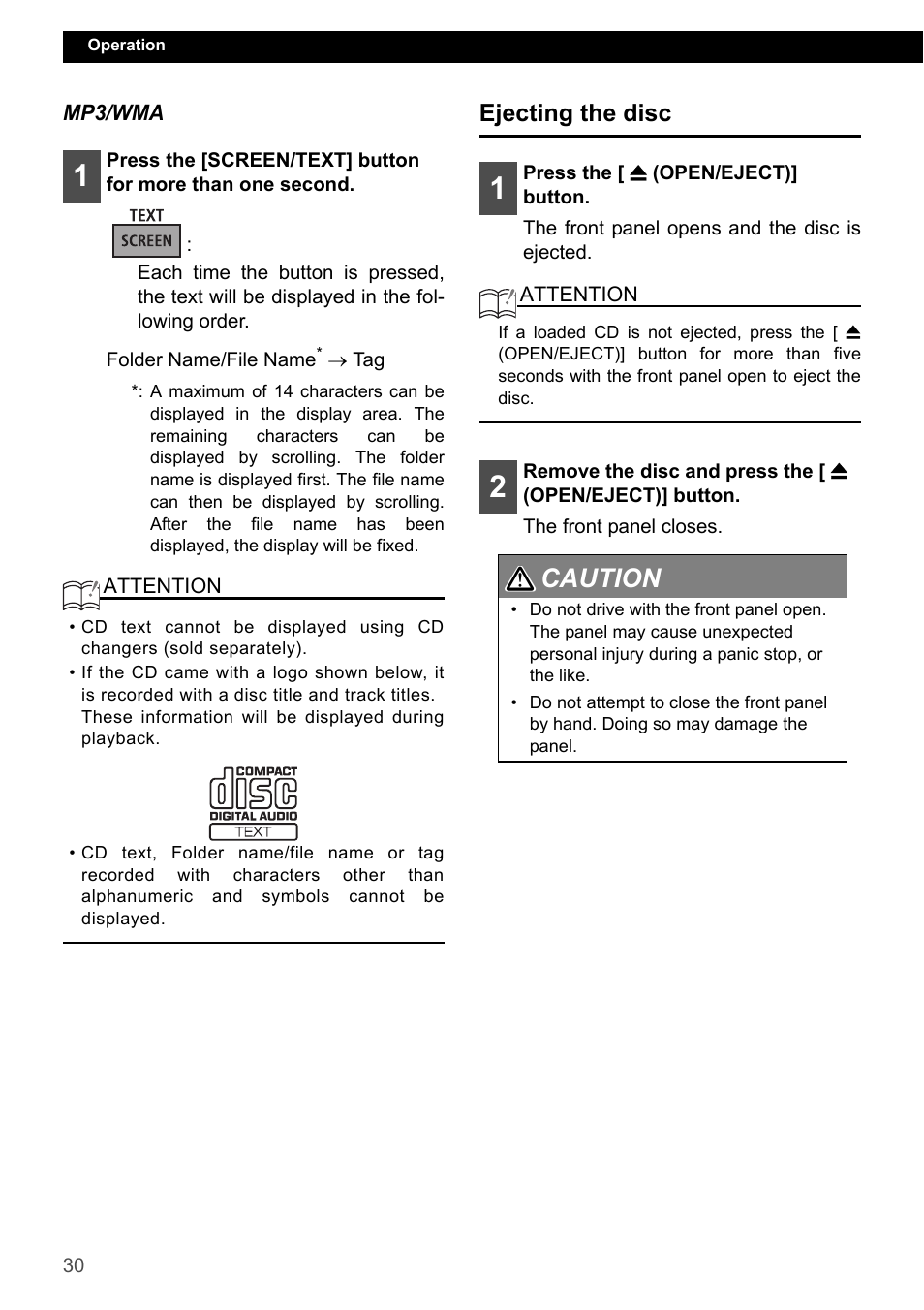 Ejecting the disc, Caution 1 2 | Eclipse - Fujitsu Ten CD7200 MKII User Manual | Page 30 / 119