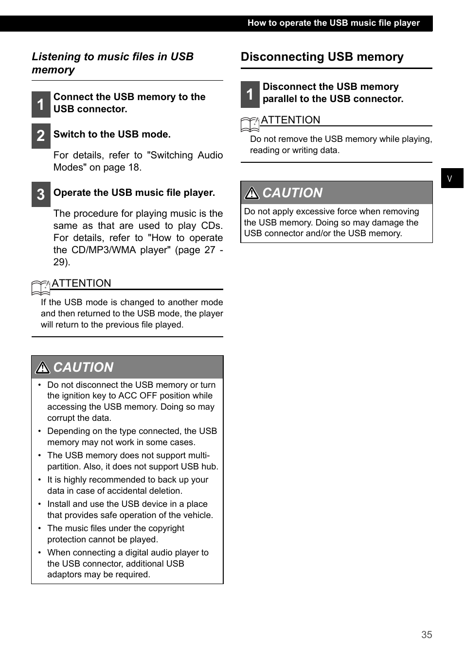 Listening to music files in usb memory, Disconnecting usb memory, Caution 1 2 | Eclipse - Fujitsu Ten CD7200 MKII User Manual | Page 35 / 119